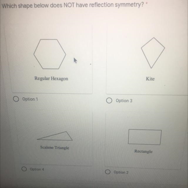 Which shape below does not have reflection symmetry can someone help me-example-1