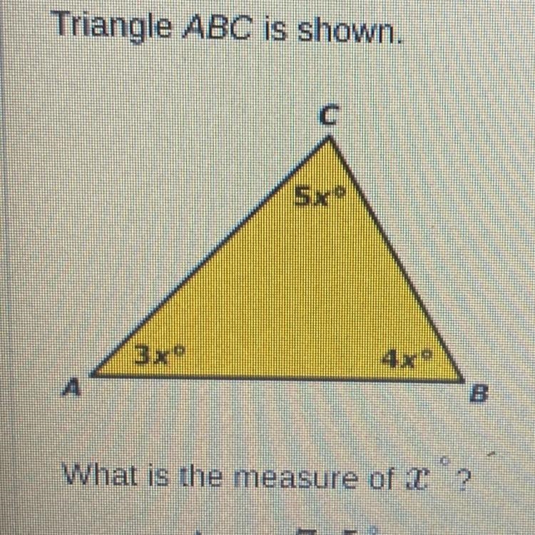 Triangle ABC is shown. C 5x 3xo A B What is the measure of 2 °?-example-1