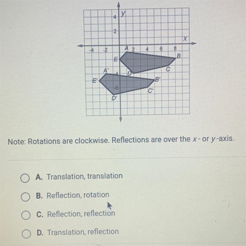 These figures are congruent. What series of transformations moves pentagon ABCDE onto-example-1