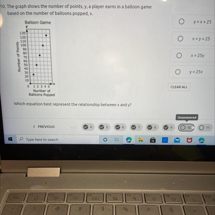 The graph shows the number of points, y, a player earns in a balloon game based on-example-1