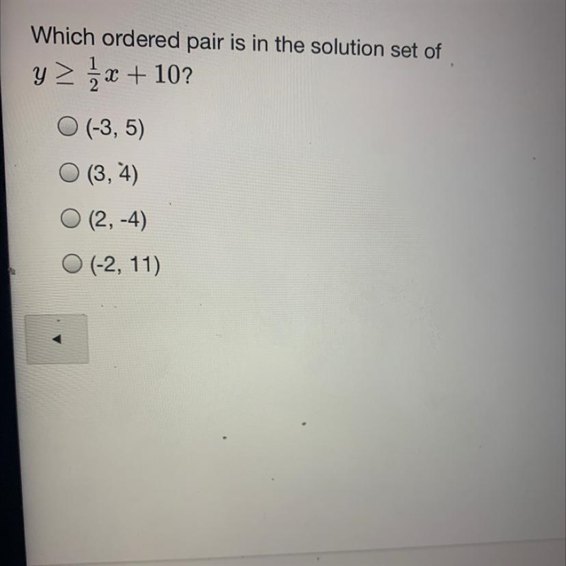 Which ordered pair is in the solution set of y > 1/2x + 10?-example-1