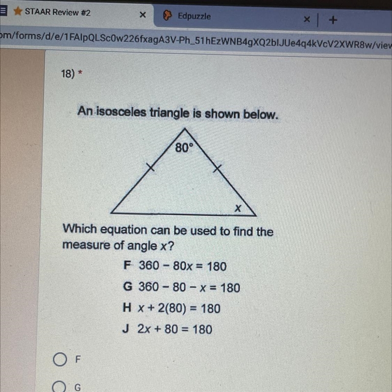 An isosceles triangle is shown below. 80° X Which equation can be used to find the-example-1