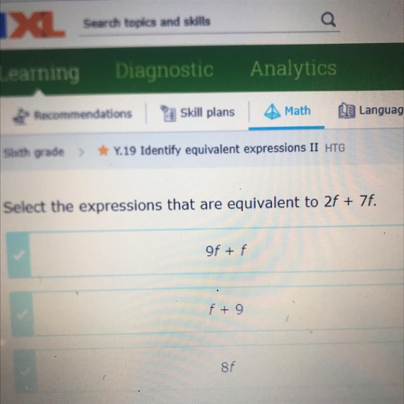 Select the expressions that are equivalent to 2f + 7f. 9f + f f + 8f 9f-example-1