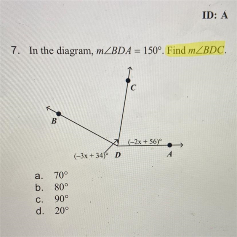 In the diagram, mZBDA = 150°. Find mZBDC.-example-1