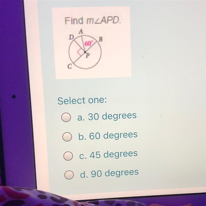 Find mAPD . 60 Select one: O a. 30 degrees O b. 60 degrees O c. 45 degrees O d. 90 degrees-example-1