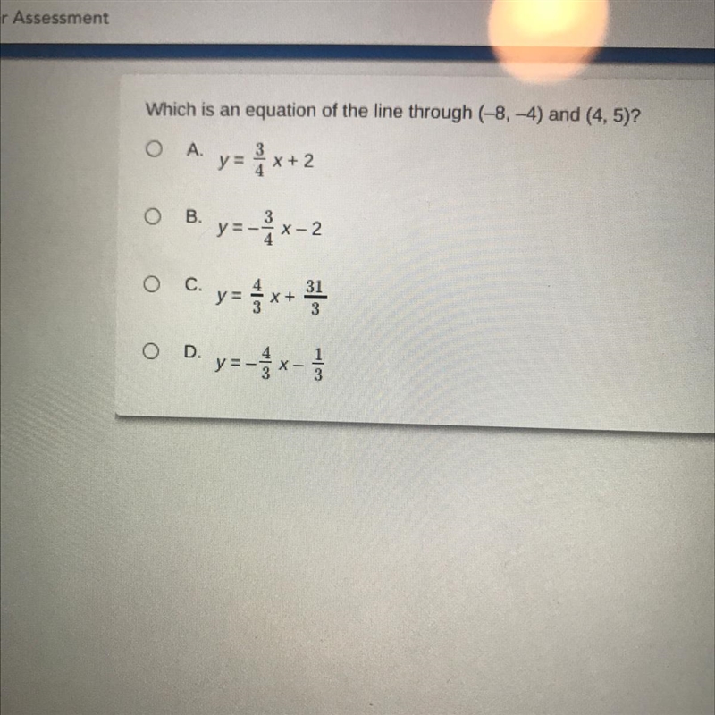 Which is an equation of the line through (-8,-4) and (4, 5)?-example-1