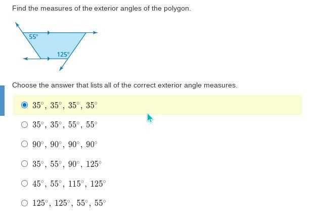 Find the measures of the exterior angles of the polygon.-example-1