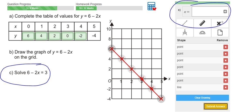 Explain how to solve 6 - 2x = 3-example-1