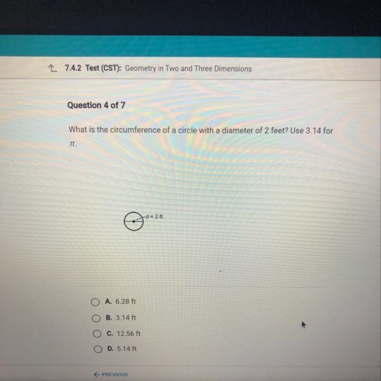 What is the circumference of a circle with a diameter of 2 feet? Use 3.14 for T.-example-1