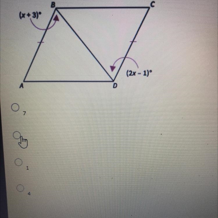 Find the value of x for which ABCD must be a parallelogram a. 7 b. 2 c. 1 d. 4-example-1