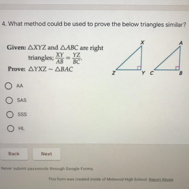 URGENT!! PLEASE HELP!! What method could be used to prove the below triangles similar-example-1