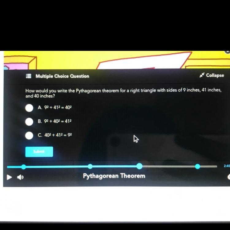 I NEED HELP :( How would you write the Pythagorean theorem for a right triangle with-example-1