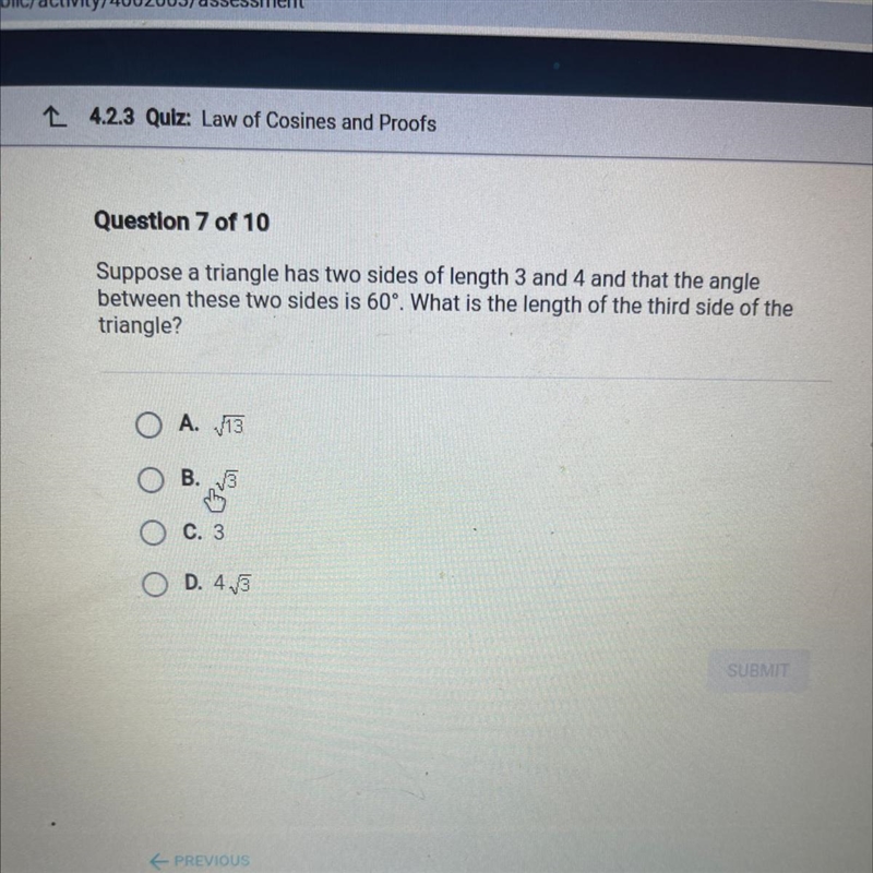 Suppose a triangle has two sides of length 3 and 4 and that the angle between these-example-1