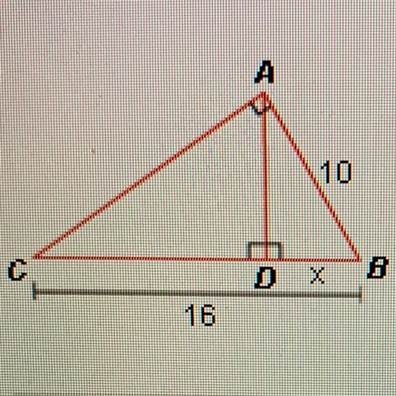 What is the value of x in the figure ? In this diagram, △ABD≅△CAD. A √160 B 8 C 16/5 D-example-1