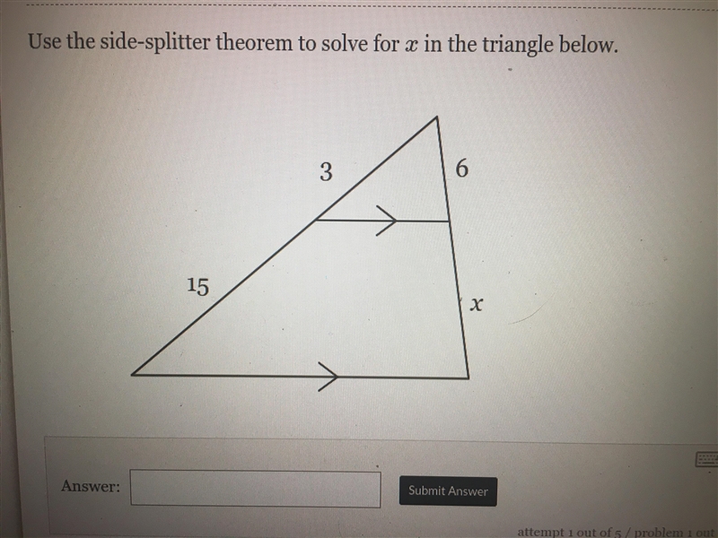 Use the side -splitter theorem to solve for x in the triangle below-example-1