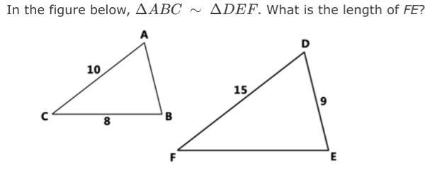 In the figure below, ΔABC ∼ ΔDEF. What is the length of FE?-example-1