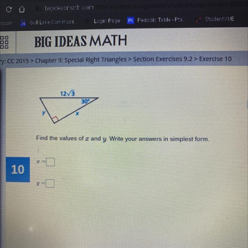 Find the values of x and y. Write your answers in simplest form.-example-1