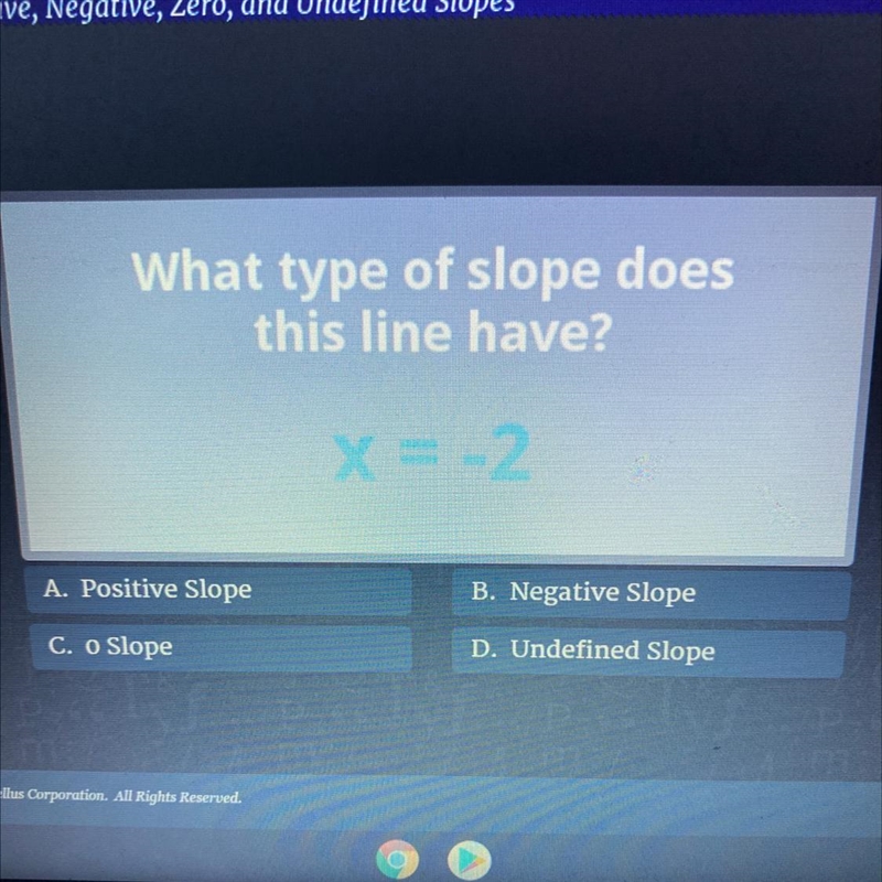 What type of slope does this line have? X A. Positive Slope B. Negative Slope C. o-example-1