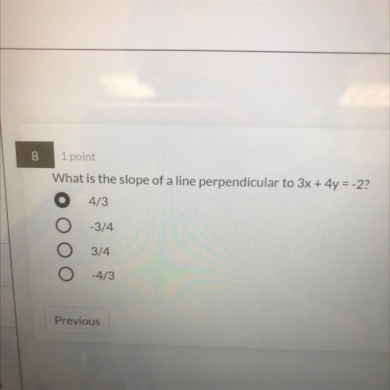 What is the slope of a line perpendicular to 3x + 4y = -2?-example-1