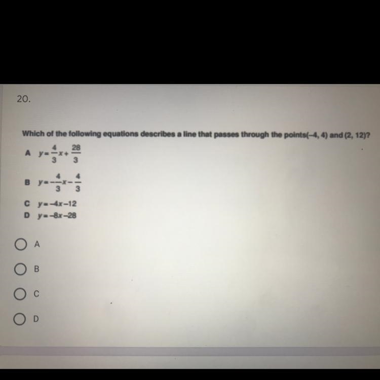 Which of the following equations describes a line that passes through the points(-4, 4) and-example-1