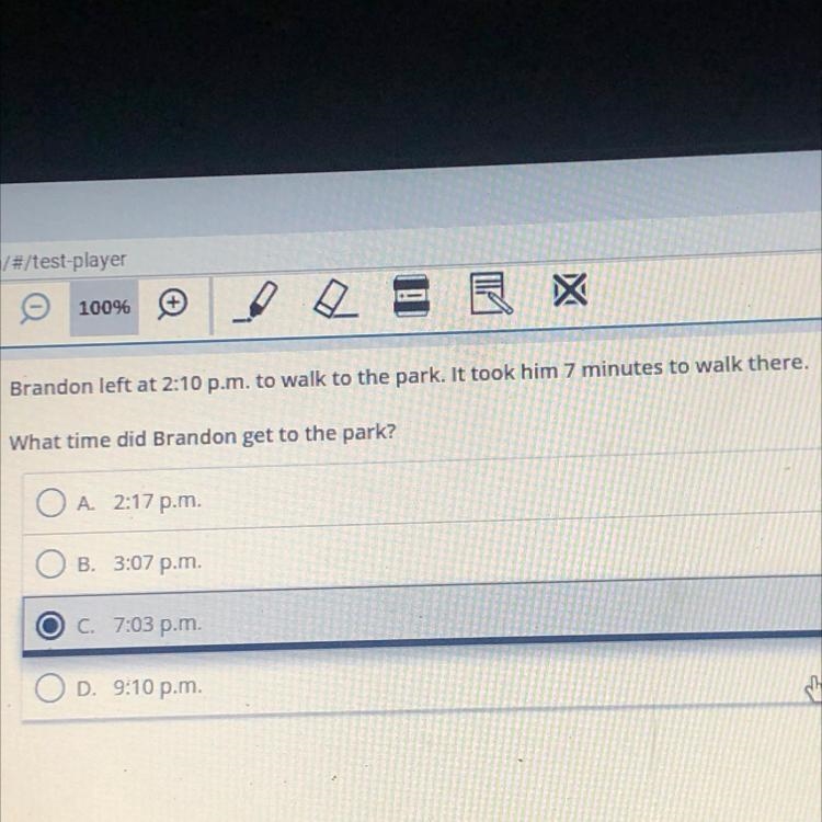 Brandon left at 2:10 p.m. to walk to the park. It took him 7 minutes to walk there-example-1