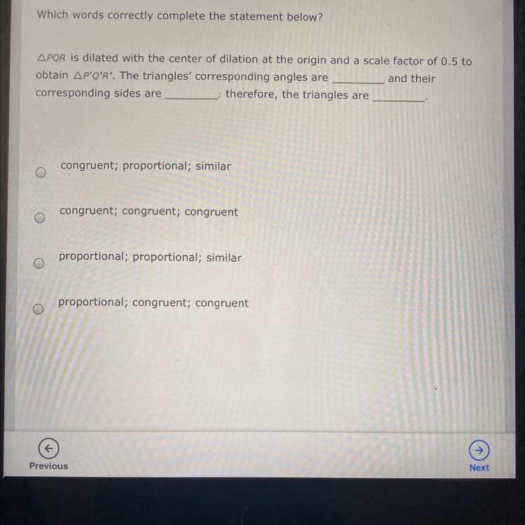 Which words correctly complete the statement below? APQR is dilated with the center-example-1
