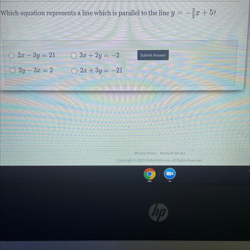 Which equation represents a line which is parallel to the line y = -x + 5? 2x – 3y-example-1