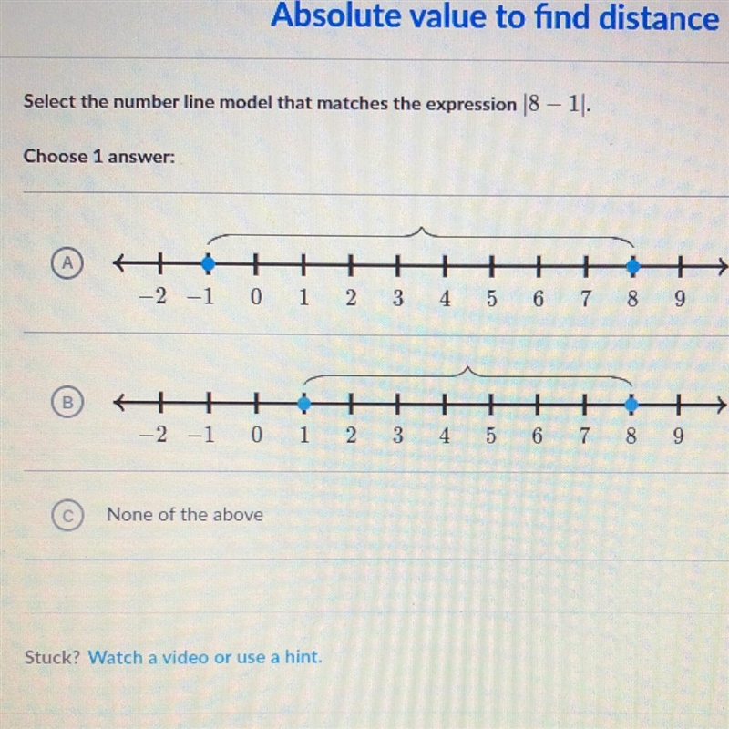 Select the number line model that matches the expression |8 - 1|-example-1