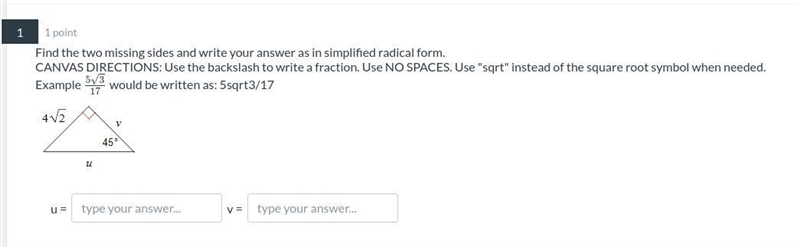 Trig homework. Find the two missing sides and write your answer as in simplified radical-example-1