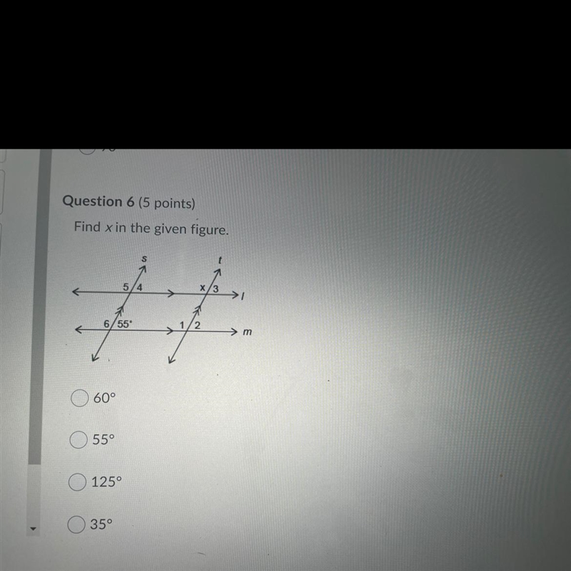 Find x in the given figure A: 60° B: 55° C: 125° D: 35°-example-1