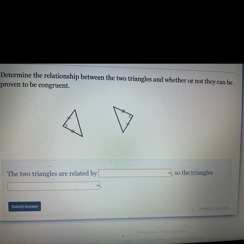 Determine the relationship between the two triangles and whether or not they can be-example-1