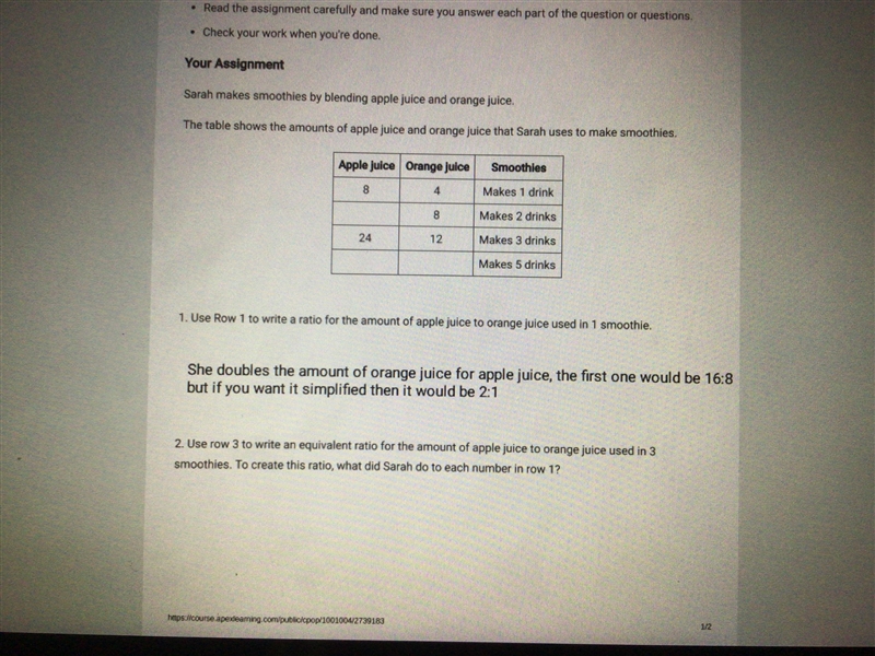 How many ounces of apple juice should Sarah use to make 2 smoothies? Explain how you-example-1