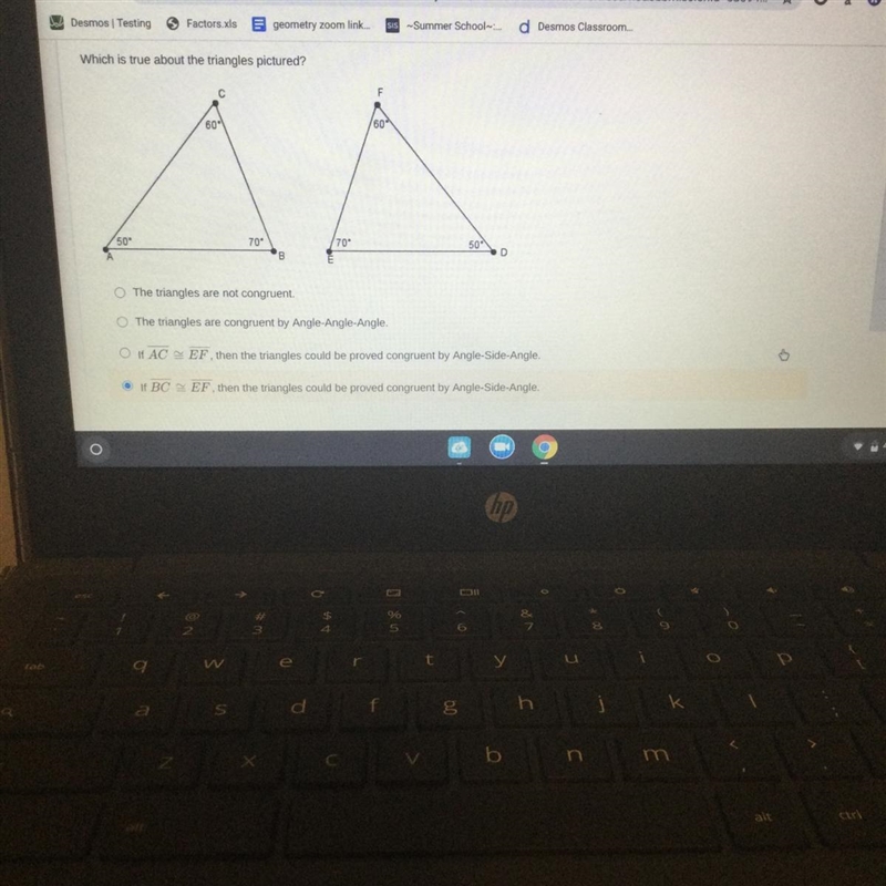 Which is true about the triangles pictured? С 60 609 50 70 70° 50 B D The triangles-example-1