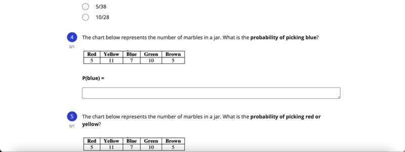 The chart below represents the number of marbles in a jar. What is the probability-example-1