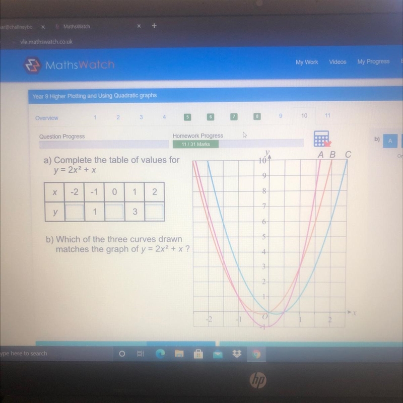 A) Complete the table of values for y = 2x2 + x-example-1