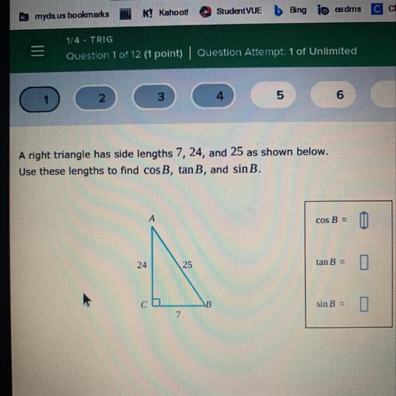 Can someone help me plz .. Use these lengths to find cos B, tan B, and sin B.-example-1