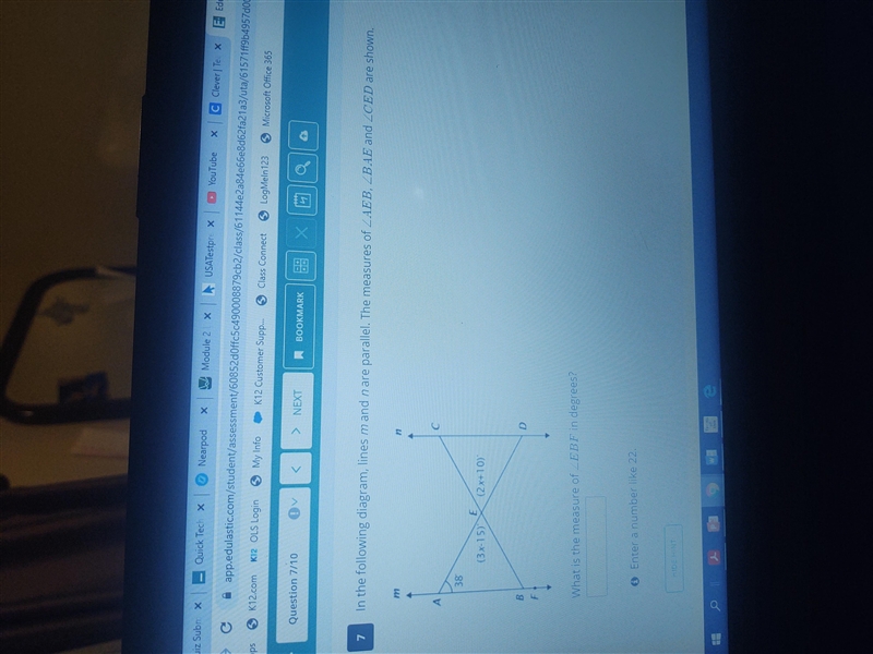 In the following diagram lines m are n parallel the measures of AEB, BAE and CED are-example-1