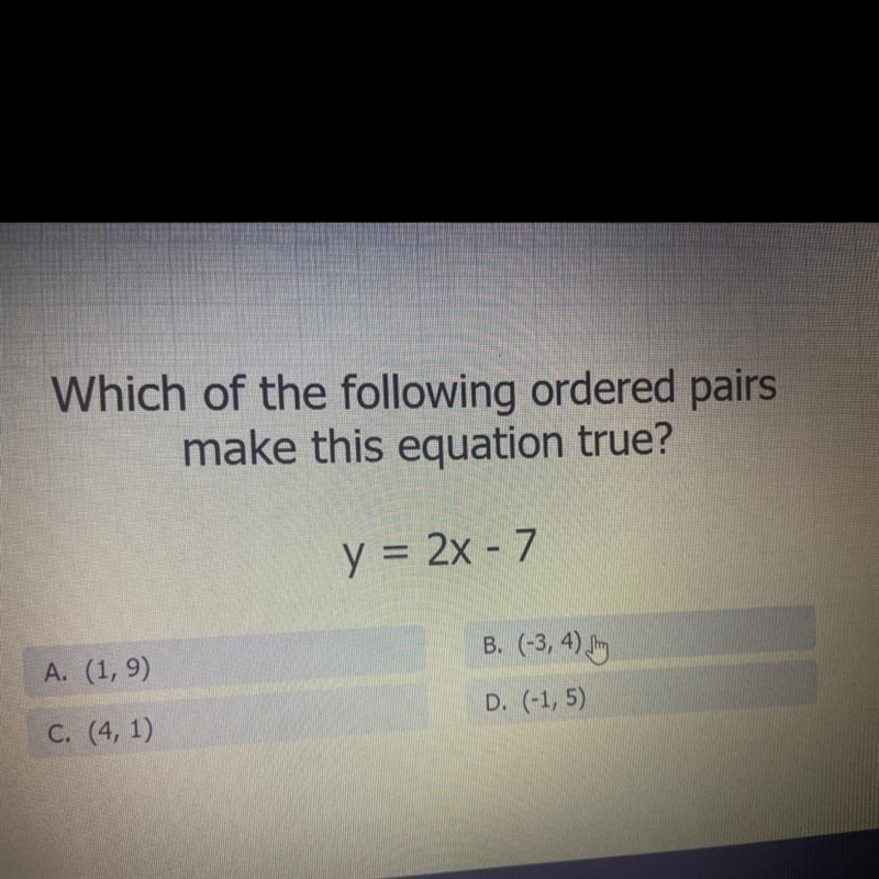 Which of the following ordered pairs make this equation true? y = 2x - 7 A. (1,9) B-example-1