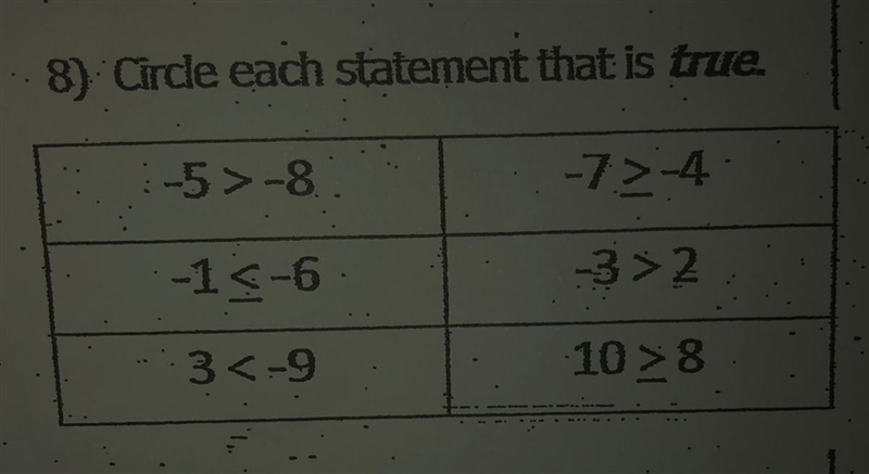 8) Circle each statement that is true. :5>-8 -7>-4 -15-6 -3>2 :3<-9 10 &gt-example-1