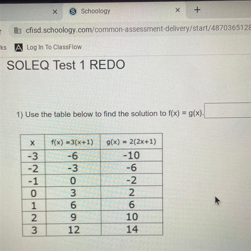 1) Use the table below to find the solution to f(x) = g(x). Х -3 -2 -1 f(x) =3(x+1) -6 -3 0 3 6 9 12 g-example-1