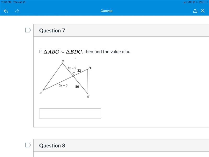 If Δ A B C ∼ Δ E D C , then find the value of x.-example-1