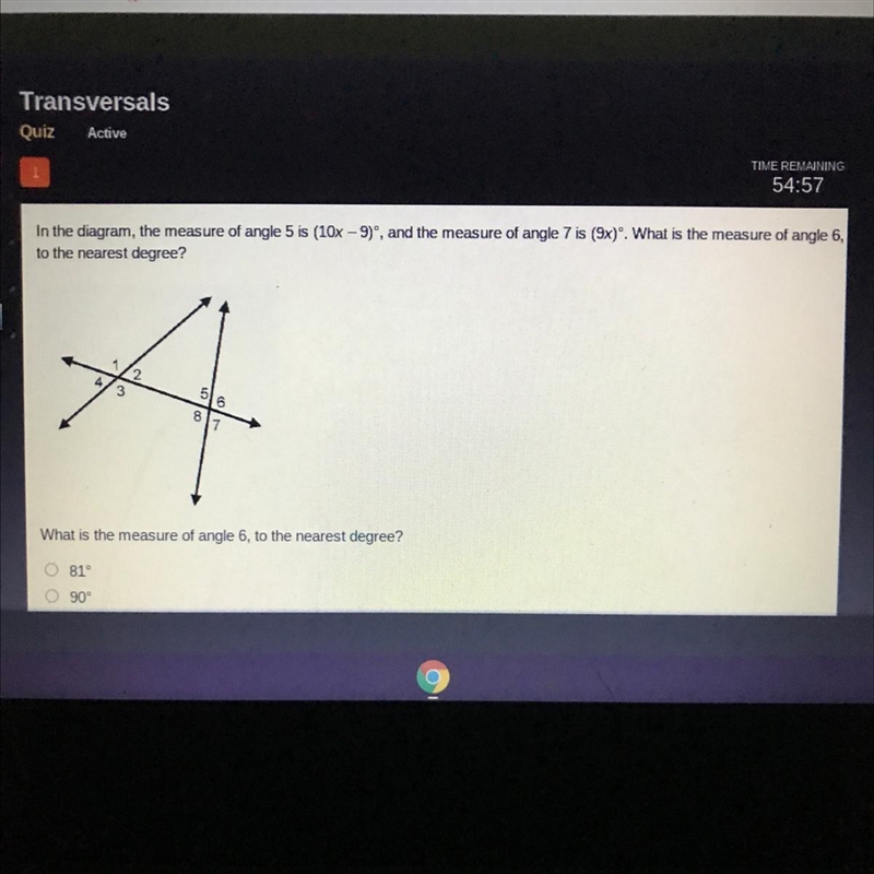 What is the measure of angle 6, to the nearest degree? 81° 90 99° 105°-example-1