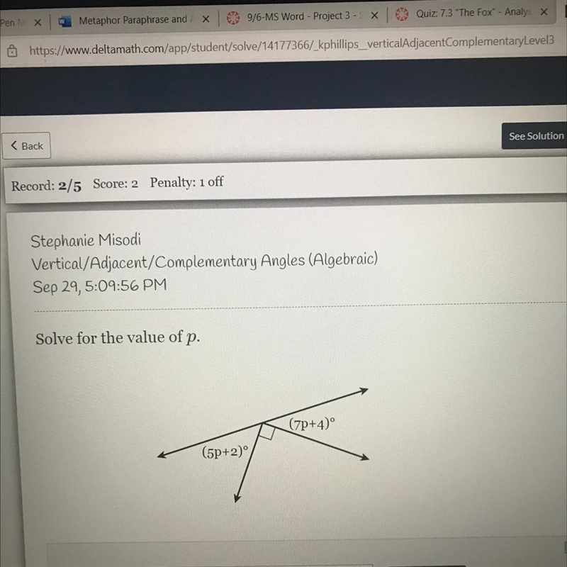 Solve for the value of p Please show work I really need to understand thanks,-example-1