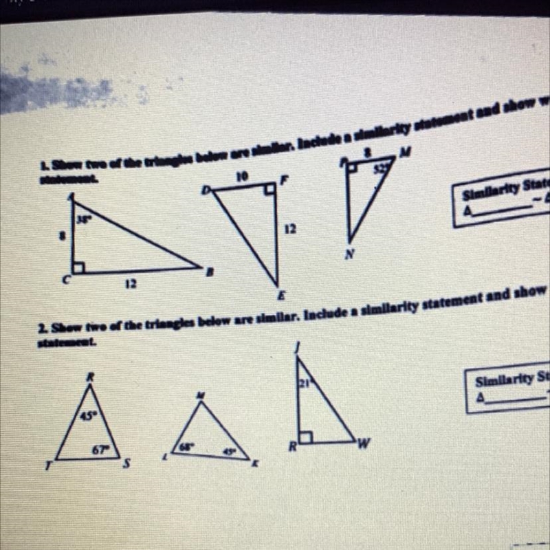 URGENT! PLEASE HELP WITH THIS PROBLEMS. Show two of the triangles below are similar-example-1