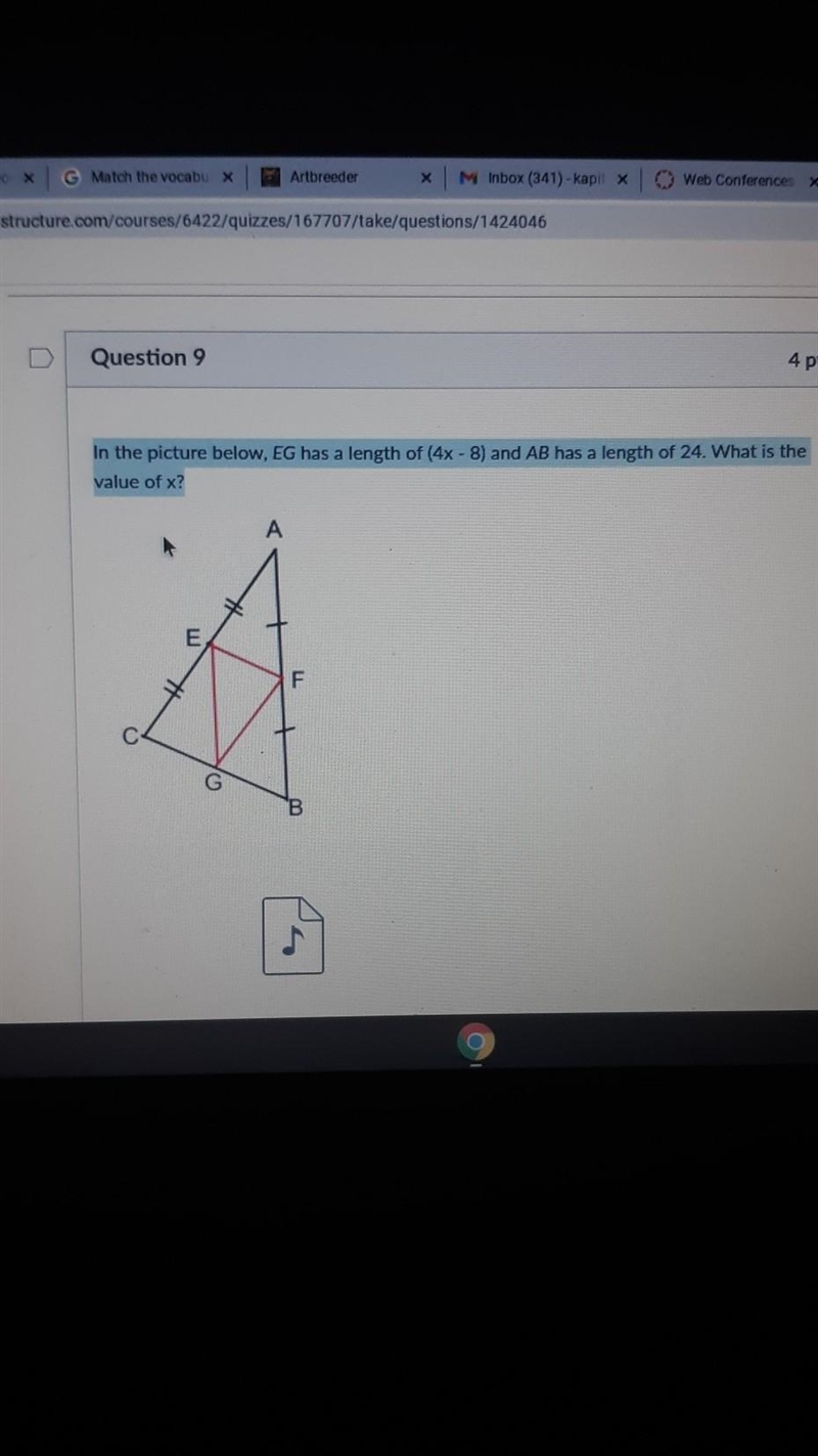 In the the picture below, EG has a length of (4x-8) and AB has a length of 24 A 5 B-example-1