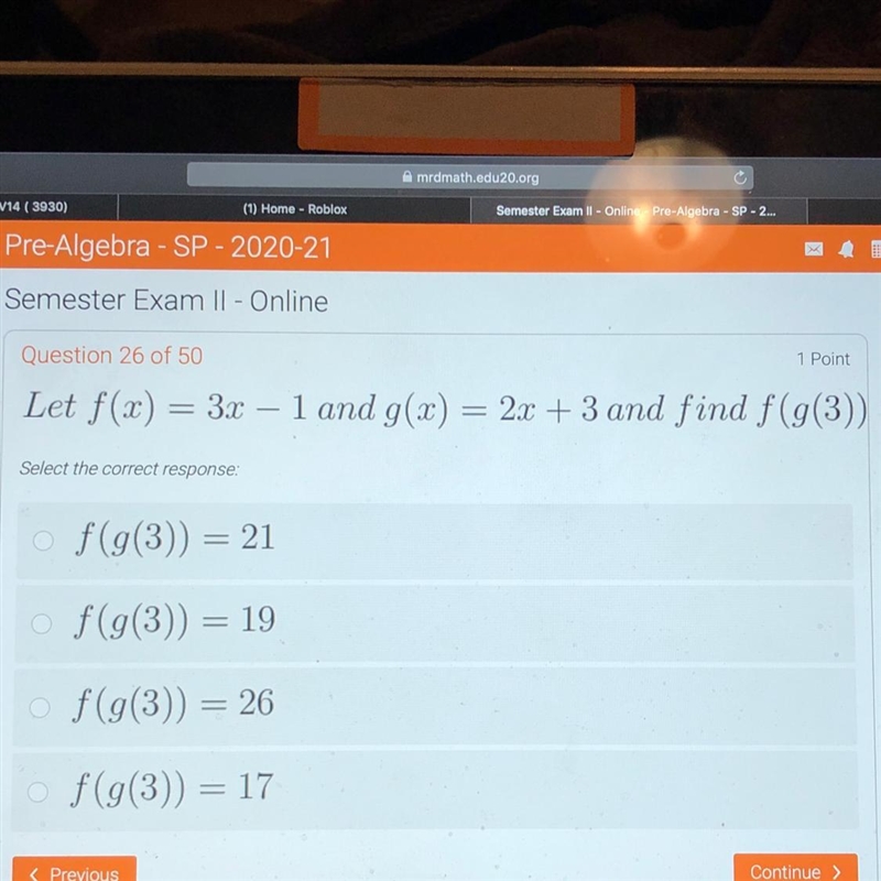 Let f() = 3x - 1 and g(x) = 2x + 3 and find f(g(3)) Select the correct response f-example-1