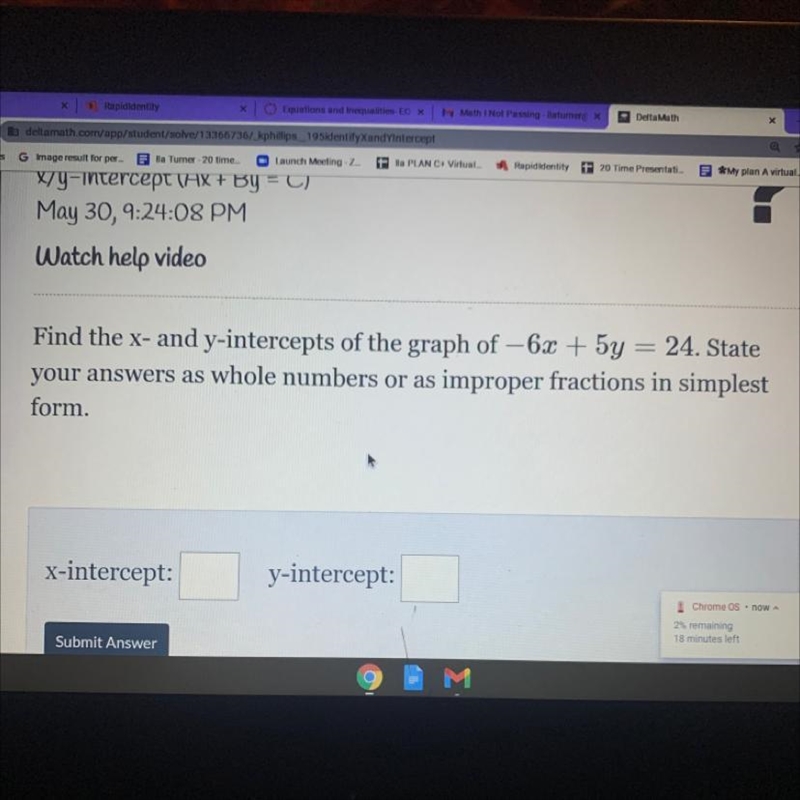 Find the x intercepts of the graph of -6x + 5y =24. State your answers as while numbers-example-1