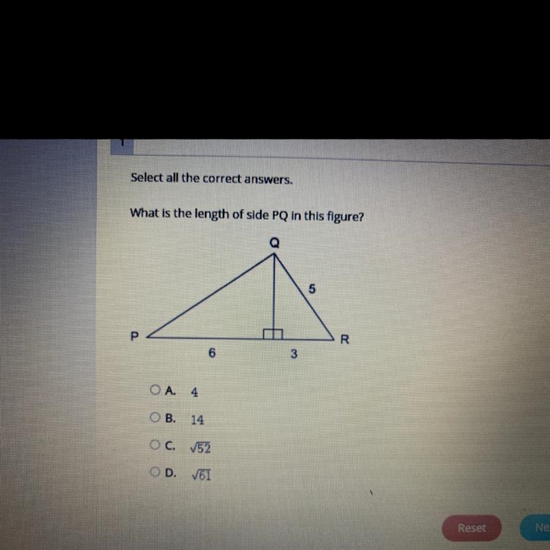 What is the length of side PQ in this figure? A. 4 B. 14 C. Square root 52 D. Square-example-1