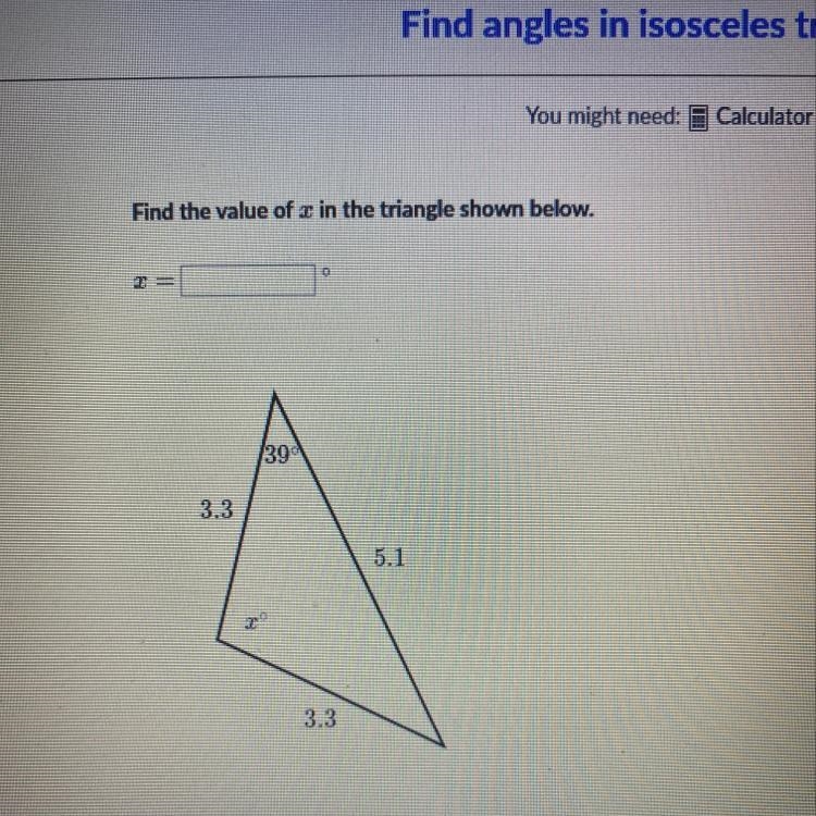 39 3.3 5.1 3.3 x find the value in the triangle shown below-example-1