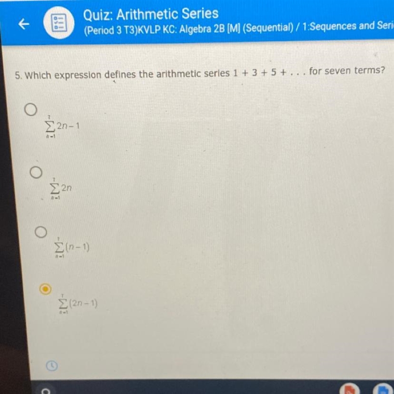 5. Which expression defines the arithmetic series 1 + 3 + 5 + ... for seven terms-example-1